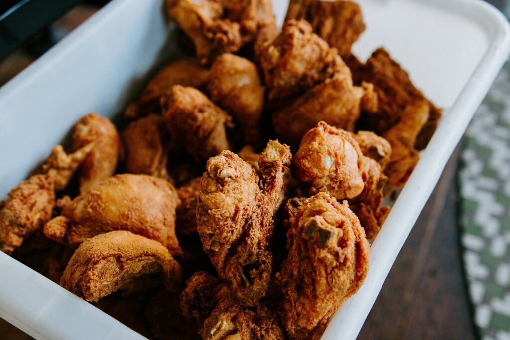 a bowl with perfectly golden-brown chicken