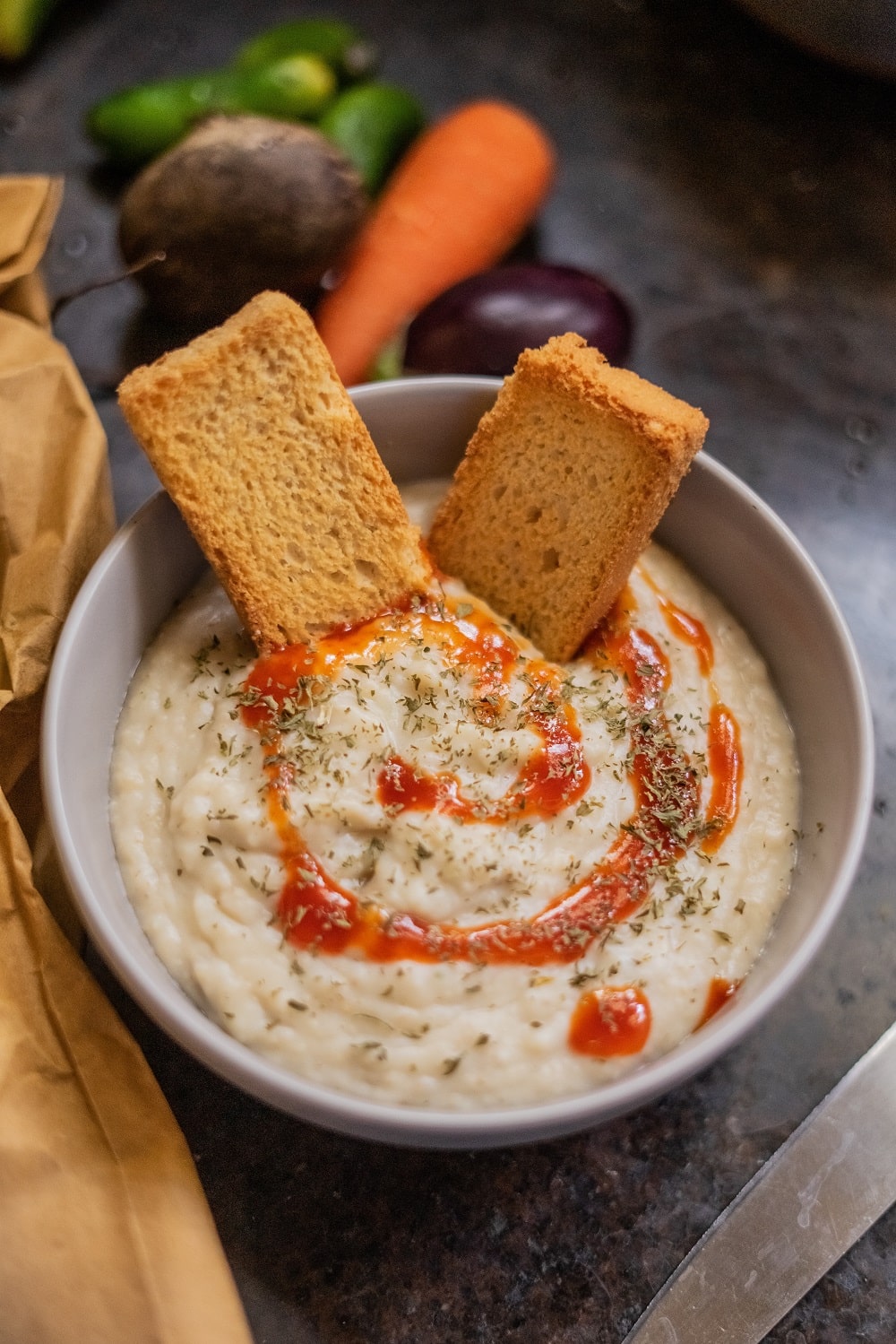 a bowl of fake mayonnaise as dip