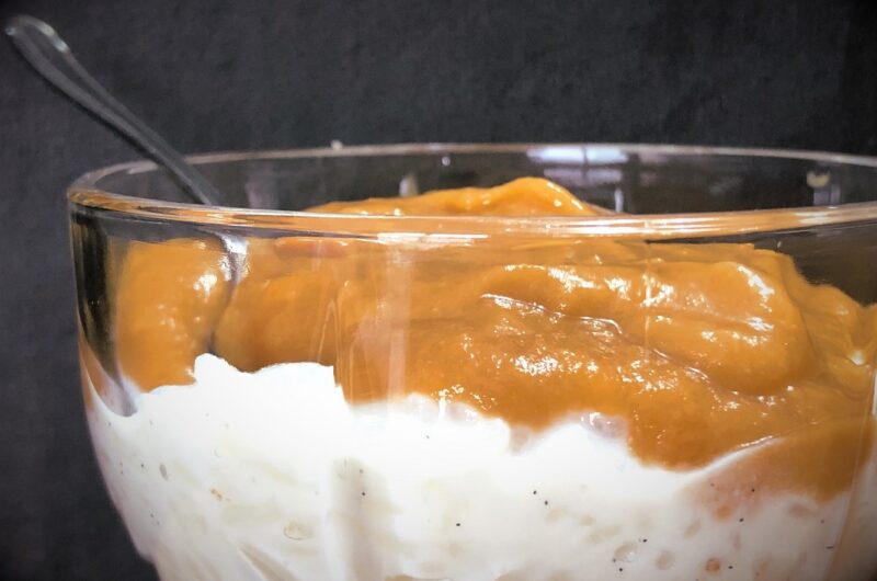 Creamy rice pudding with caramel sauce