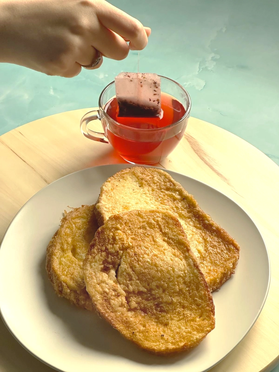 savory French toast served with tea